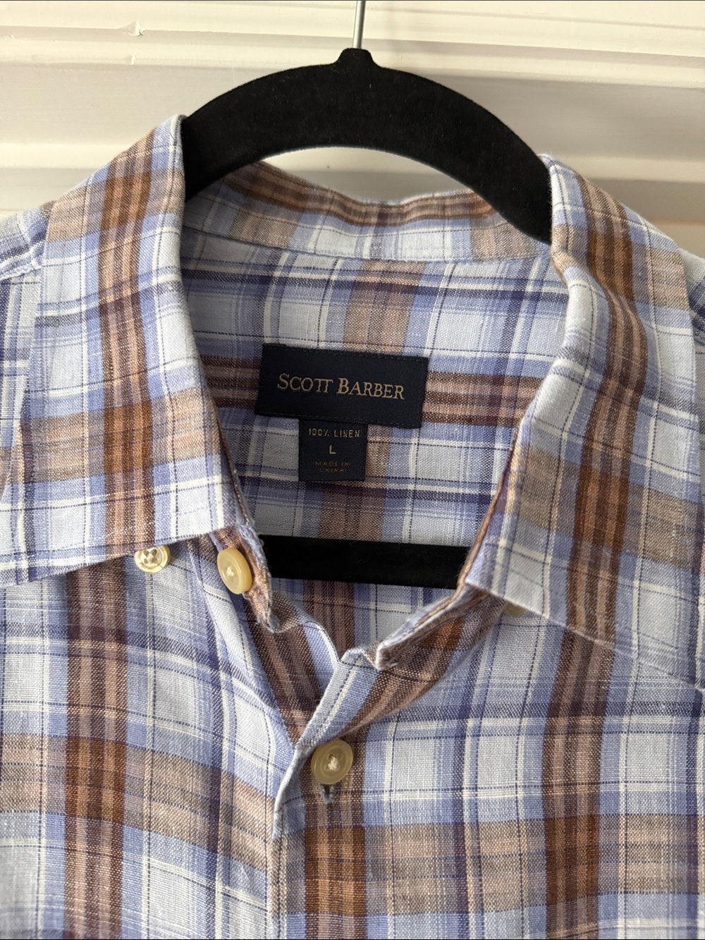 Men’s Scott Barber Linen Plaid Shirt in Light Blue and Brown - Large